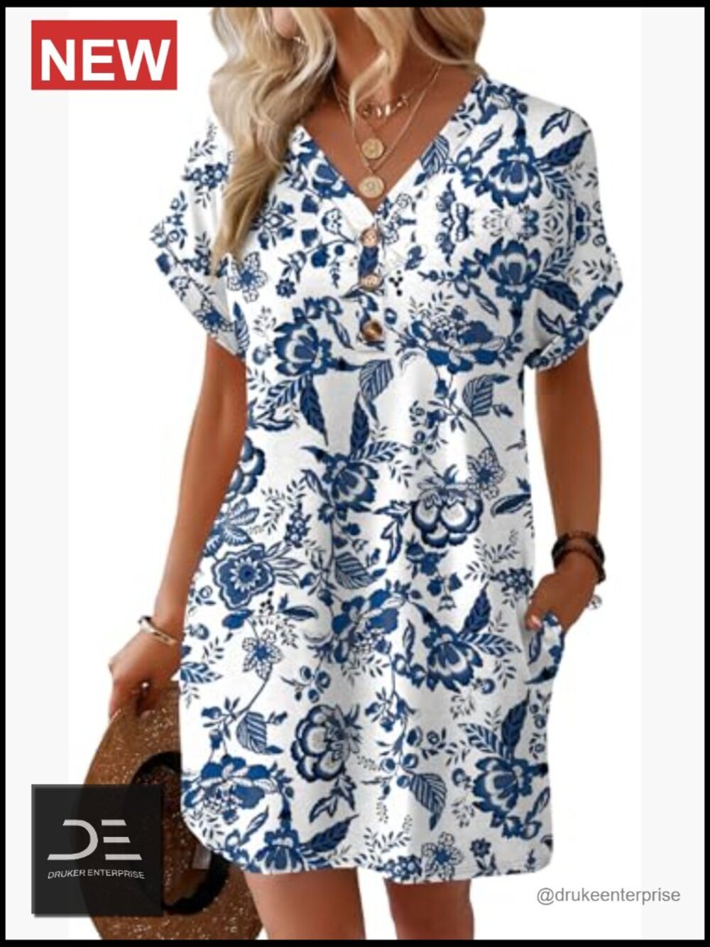 Summer Midi Dress with Sleeves Button Down Beach Vacation Casual Flowy V-Neck - Picture 4 of 6